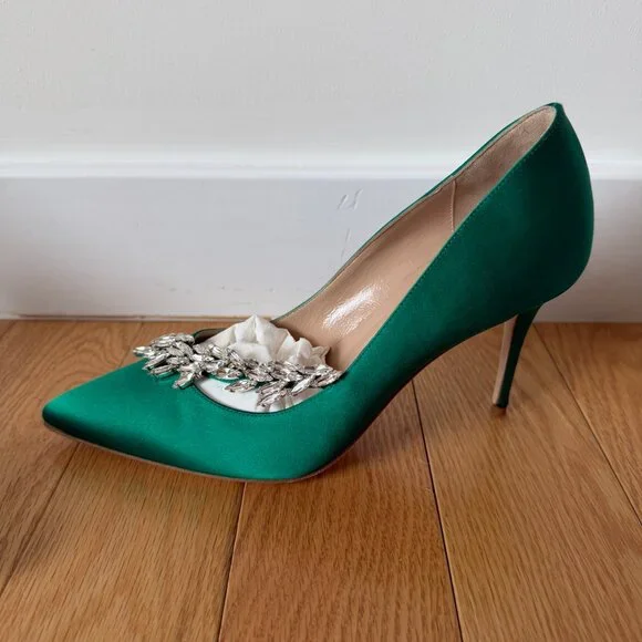 Nadira Green Satin Jewel Buckle Pumps - Picture 5 of 9